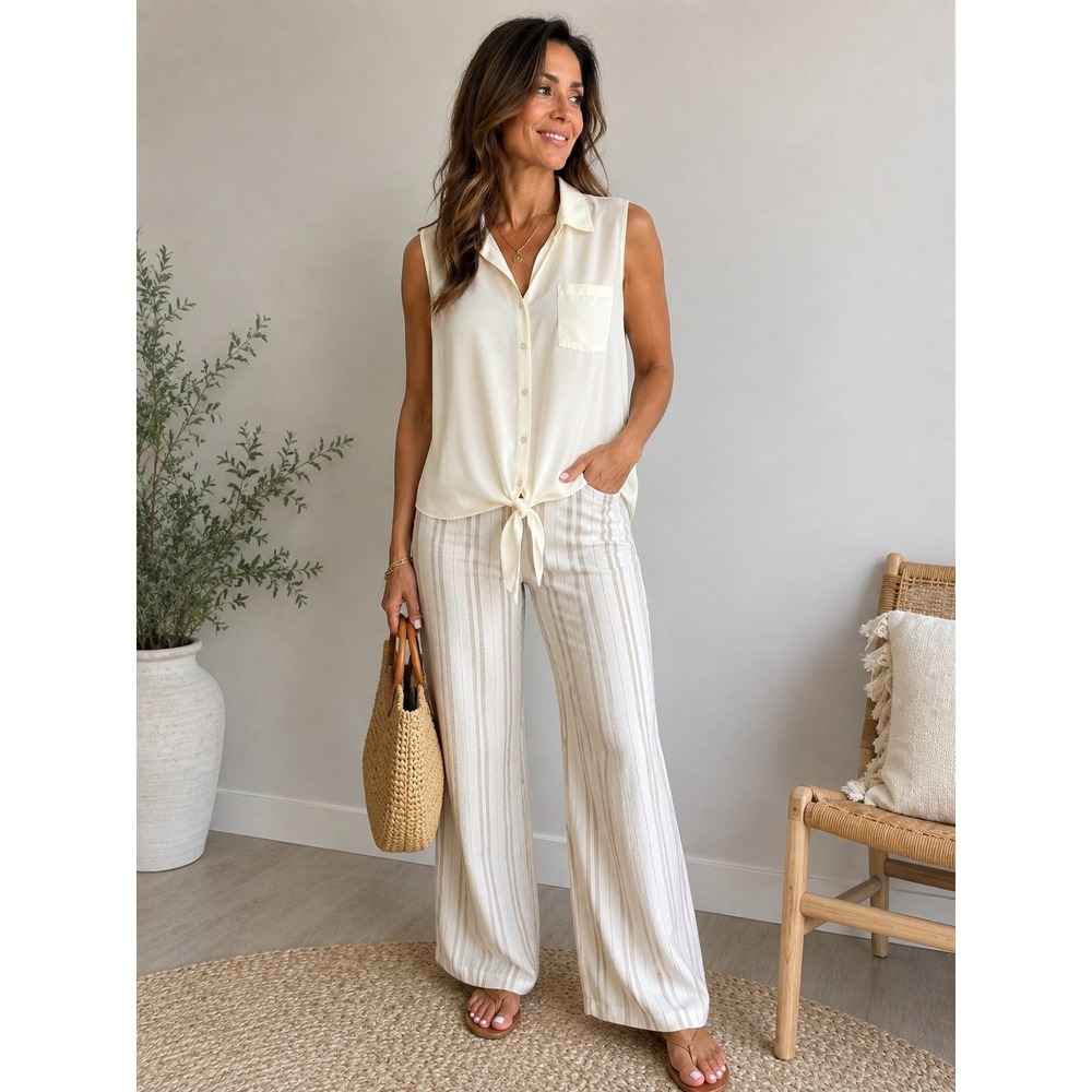 Chico's Ivory Sleeveless Tie Front Button Down Blouse Size 3 (XL) Cream Read